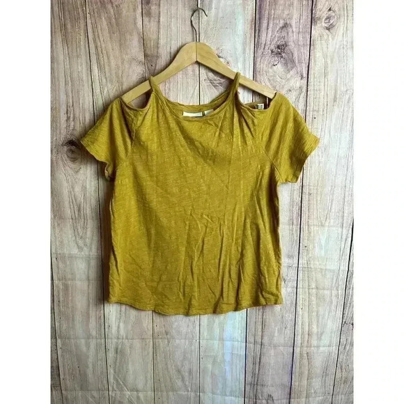 Maeve for Anthropologie Cut-Out Shoulder Tshirt Top Mustard Brown Size S - Picture 1 of 7